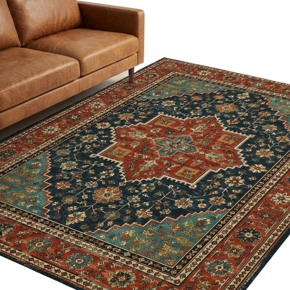 Vintage Washable Area Rug 5 x 7 ft Southwestern Traditional Red Floral Geometric Boho Soft Non‑Slip Rugs Stain Repellent Indoor Mats for Living‑Room, Formal Dining Room, Recreation Room
