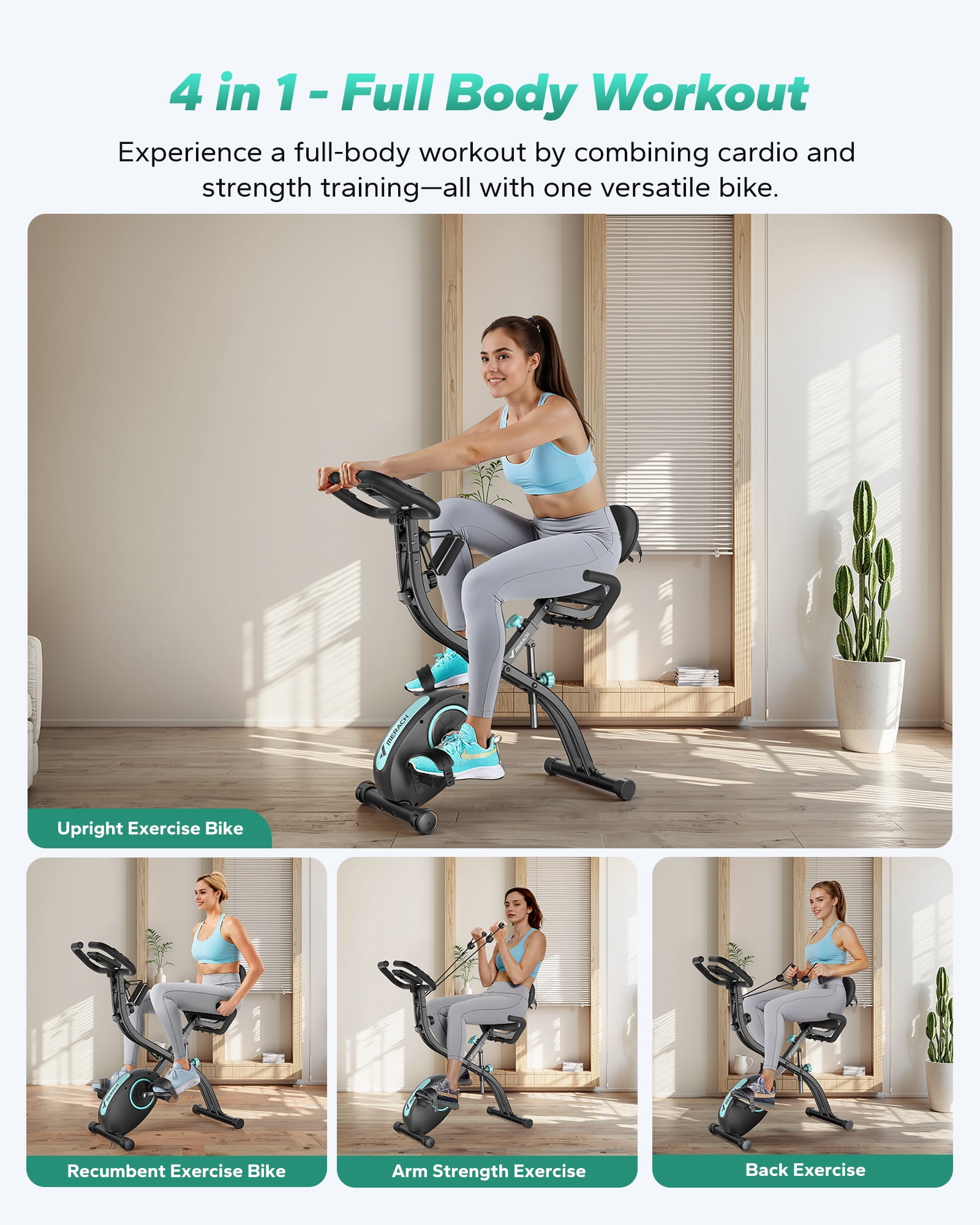 MERACH Folding Exercise Bike, 4 in 1 Magnetic Upright Bike with 16 Levels of Resistance for Home Indoor Cardio Workout Max Weight 300 lbs