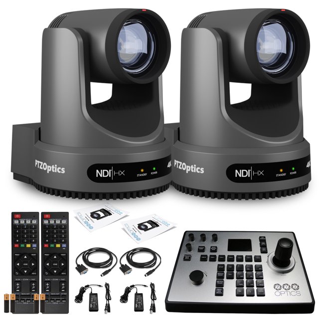 2 x Cámara PTZOptics Move 4K SDI/HDMI/USB/IP PTZ con Zoom Óptico de 20x Gris PT20X-4K-GY-G3 Controlador de Joystick PTZOptics PT-JOY-G4