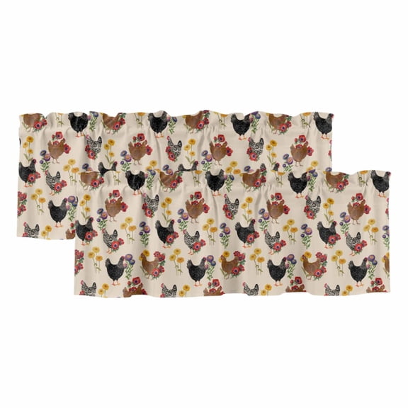 2 Pack Farmhouse Rooster Valances for Windows Bedroom Living Room Window Treatments, Vintage Watercolor Flowers Beige Rod Pocket Valance Drapes Short Kitchen Curtains Over Sink 54"x18"