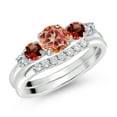 thumbnail image 2 of Gem Stone King 10K White Gold Ecstasy Mystic Topaz Red Garnet and White Lab Grown Diamond 5 Stone Bridal Engagement Wedding Ring Set for Women (1.41 Cttw, Round: 5MM and 3MM, Size 6), 2 of 6