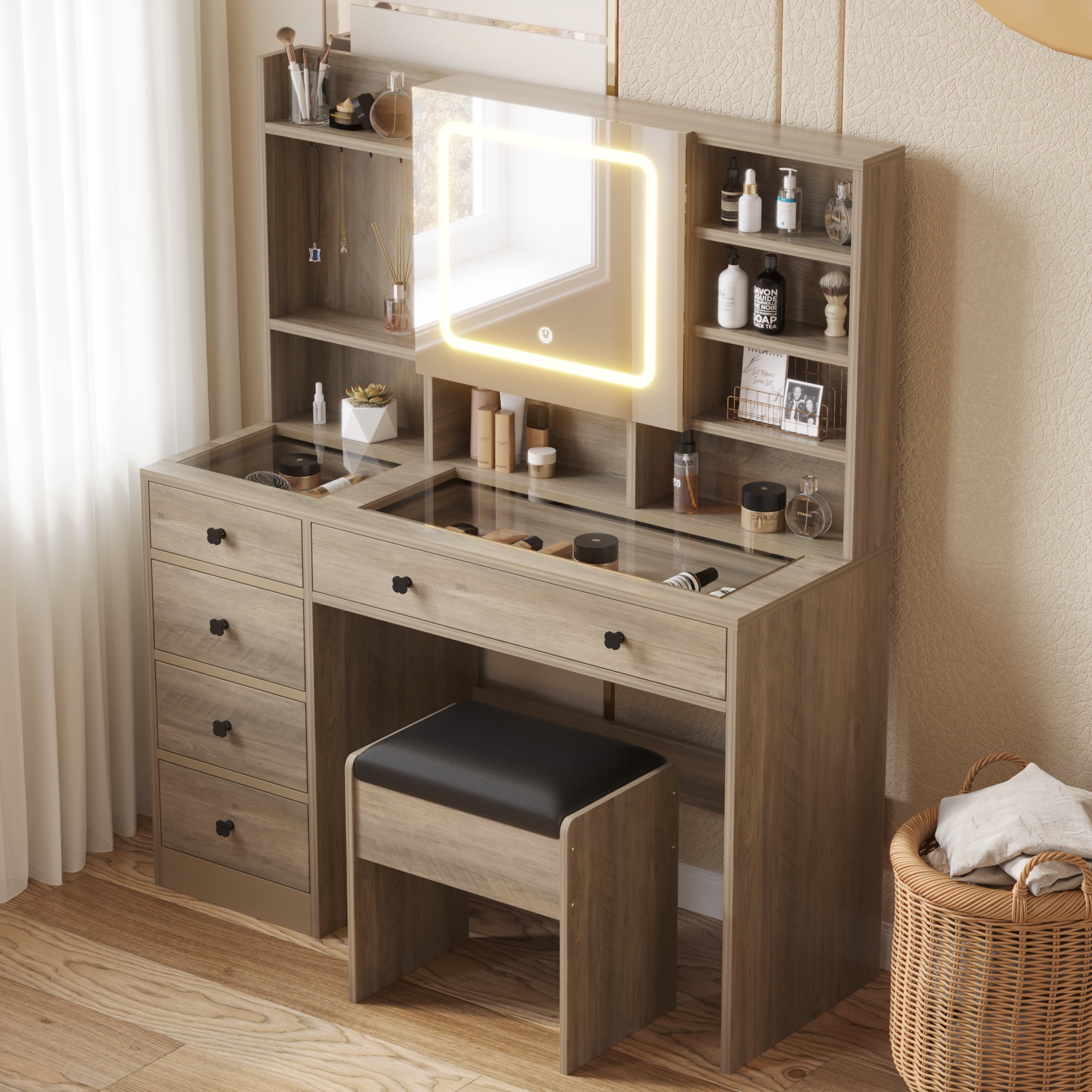 Ktaxon Large 47.2" Makeup Vanity with 3 Color Lights, Dressing Table with USB Charging Station, Gray