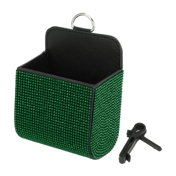 Unique Bargains Universal 3.5" Length 2.4" Width 4.7" Height Car Trash Can Hanging Trash Bin Faux Leather Rhinestones 1 Pc Black Green