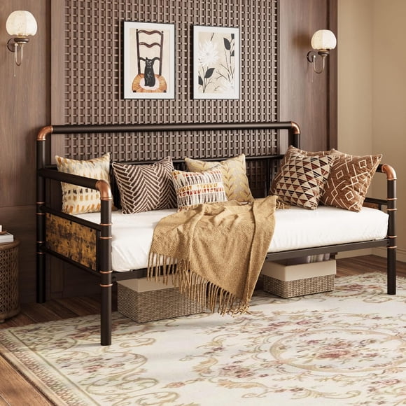 Twin Daybed with Classic Headboard,Metal Twin Bed Frame Heavy Duty Steel Slats Support,Sofa BedFrame for Living Room, Guest RoomNoise Free, No Box Spring Needed, Brown