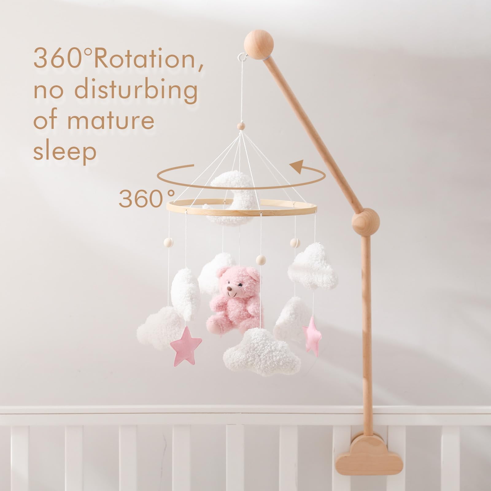 HYPERLIVING Baby Crib Mobile Bear Nursery Mobile for Boys Girls Teddy Velvet Mobile Nursery Decor for Infant Bedroom Hanging Baby Mobile for Bassinet Newborn Baby Gift（Pink Bear）