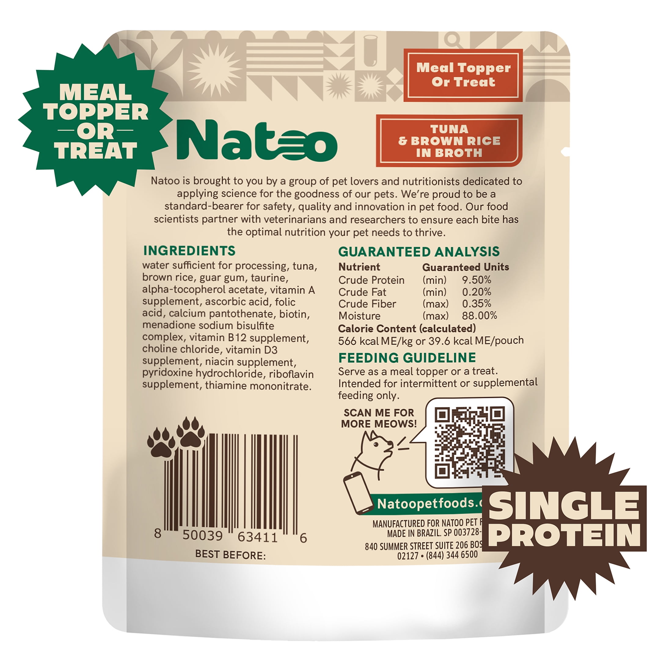 NATOO Cat Food Topper for Picky Eaters & Healthy Soft Cat Treat (Tuna & Brown Rice in Broth), Wet Cat Food, Gravy Cat Food, High Protein & Limited Ingredient Cat & Kitten Food, 2.4 oz (Case of 20)