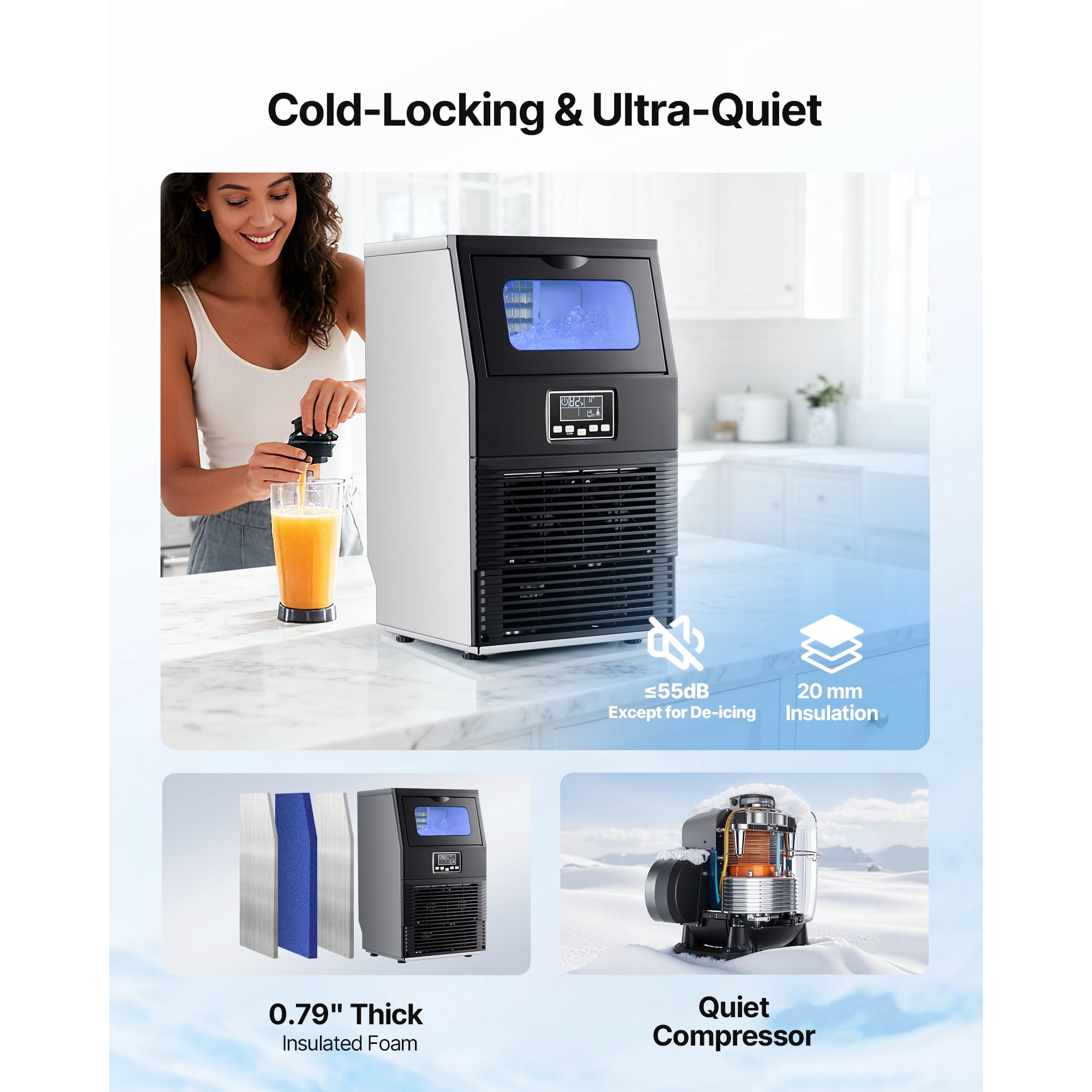 KFFKFF Commercial Ice Maker Machine, 80 lbs/24h with 12 lbs Storage, 32 Cubes per Cycle, Stainless Steel Freestanding & Countertop Ice Maker with LED Display and Self-Cleaning Function