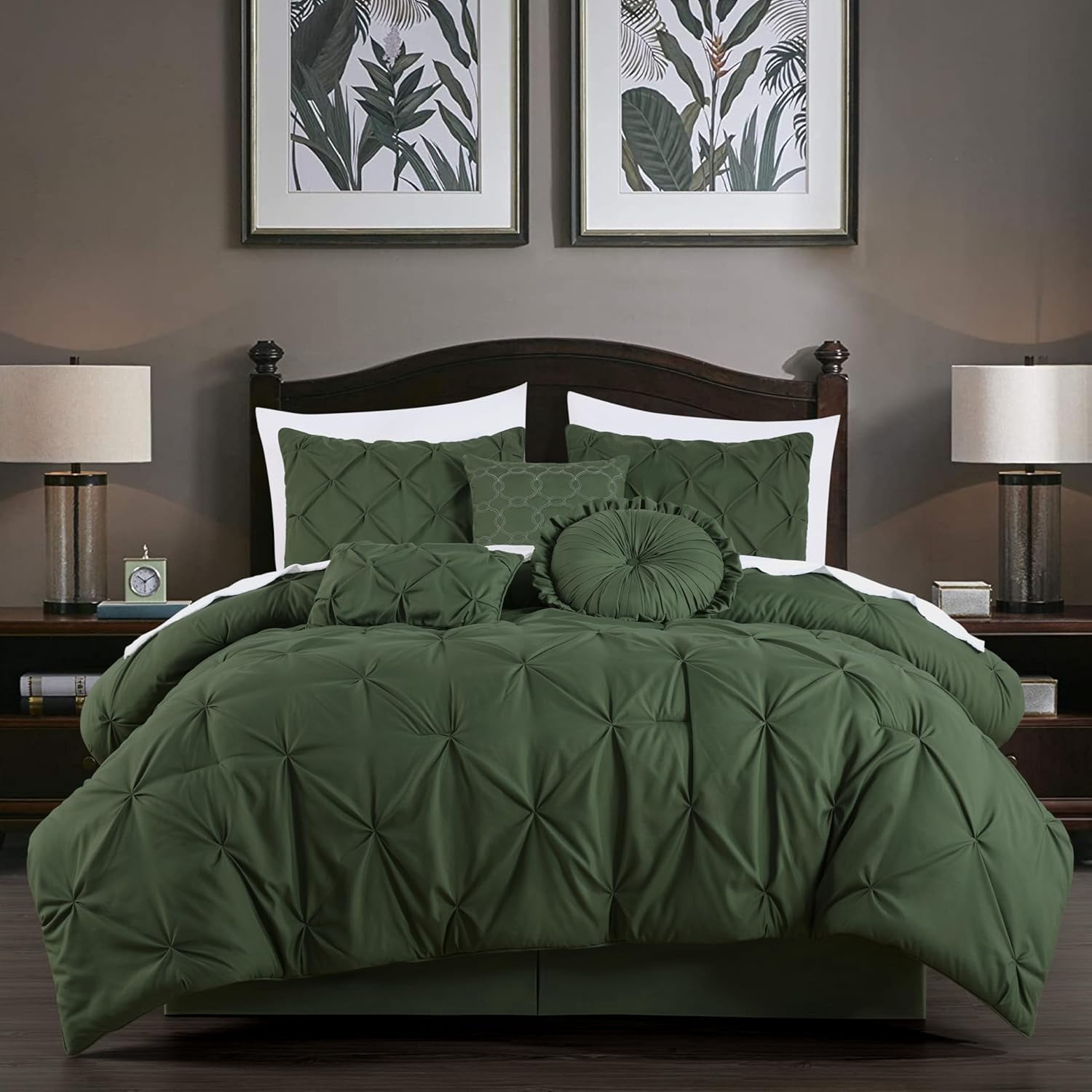 Chezmoi Collection Sydney 7-Piece Pinch Pleat Comforter Set, Lightweight Pintuck Bedding for All Season, Queen, Forest Green