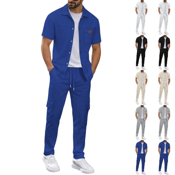 Fjofpr Mens 2 Piece Pants Outfits Mens Workwear Set Men's Solid Color Short Sleeved Lapel Button Up Cardigan Shirt Workwear Pants Set