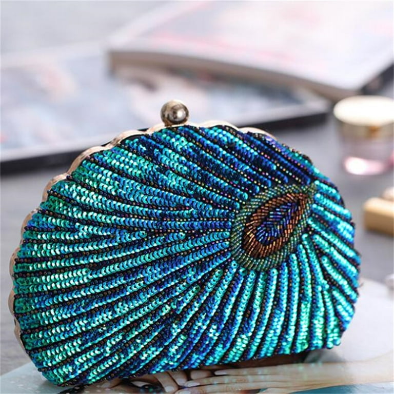 Vintage Sequin Peacock Clutch Bag, Antique Beaded Evening Handbag