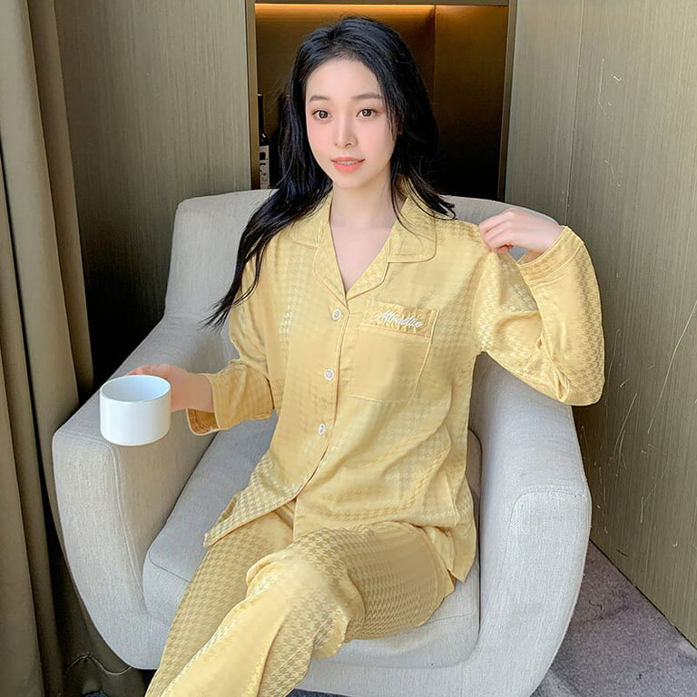 DanceeMangoo New Silk Pjs Ladies Long Sleeves Satin Sleepwear Set Womens  Home Wear Clothing Suit Sweet Pyjamas Elegant Womens Pajamas Sets 