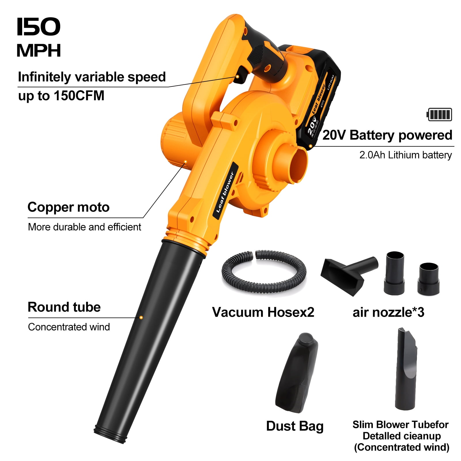 3-in-1 Cordless Leaf Blower & Vacuum with Bag Brushless Battery Powered Leaf Vacuum Mulcher with 2x2000mAh Battery and Charger Leaf Blowers for DIY Vacuuming, Home / Vehicle Cleaning