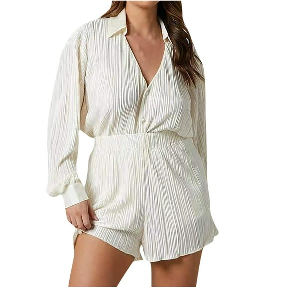 Women Casual 2 Piece Outfits Solid Long Sleeve V Neck Button Down Shirts High Waist Shorts Sets Soft Comfy Loungewear