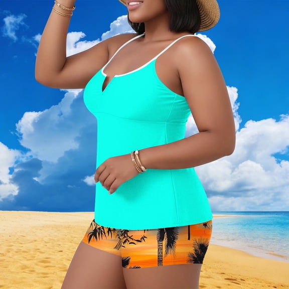 FNFYFH Women's Plus Size Tankini Swimsuit Tummy Control Bathing Suits Two Piece Full Coverage Slim Swim Suits with Shorts