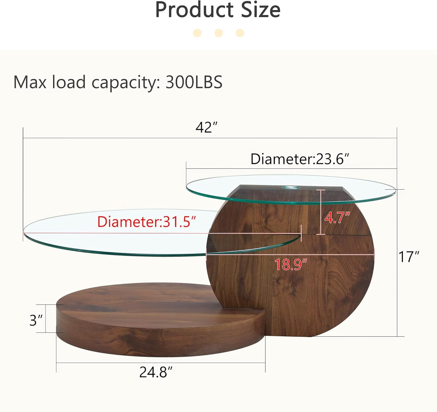 StnTalk 42" Round Coffee Table, 3-Tier Glass Coffee Table with Imitation Wood Grain MDF Base, Modern Storage Center Table for Living Room, Small Space, Apartment