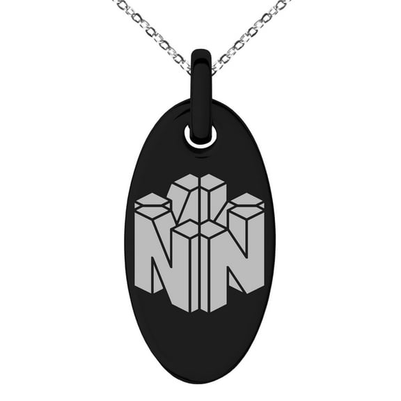 Stainless Steel Letter N Initial 3D Cube Box Monogram Engraved Small Oval Charm Pendant Necklace