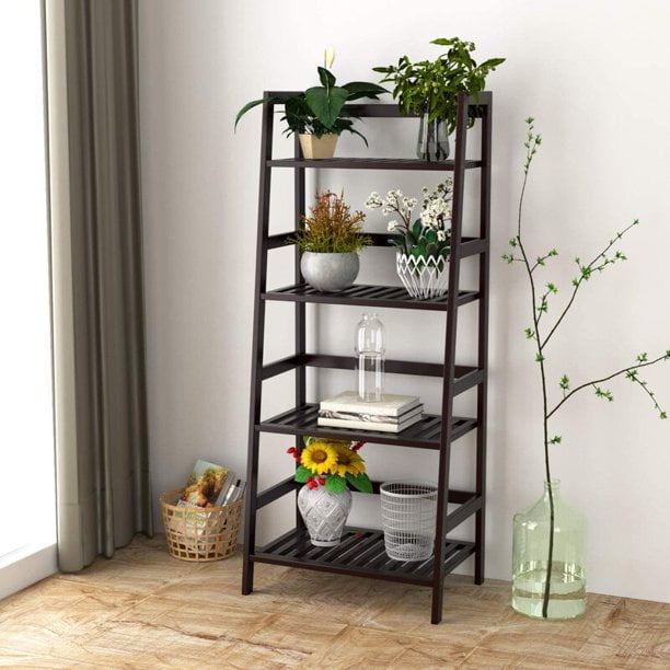 Plant Stand Rack Bookcase Unit 4 Tier Ladder Shelf Display Unit Home Bookcase Stand Plant Flower Storage Rack Brown 