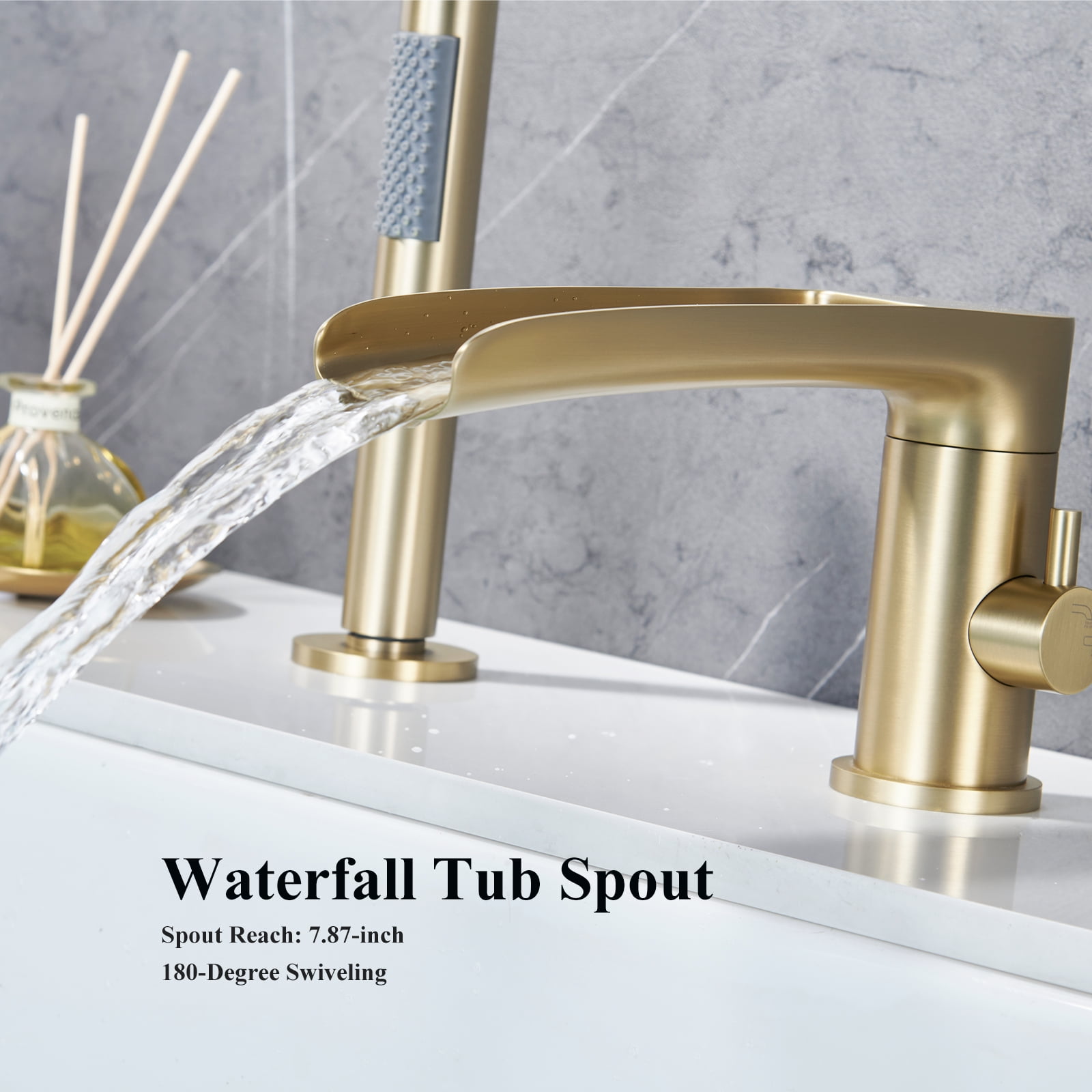 Roman Bathtub Faucet with Handheld Shower Sprayer Deck Mount 3-Hole Tub Filler Faucet Set, Brushed Gold Waterfall Roman Tub Faucet with Valve Included