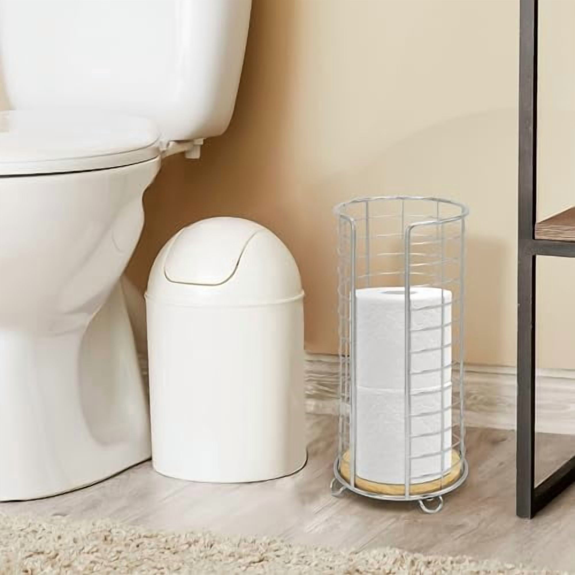 , Stylish Toilet Paper Holder with Bamboo Base, Freestanding Bathroom Tissue Organizer, Minimalistic Storage Solution, Modern Trending Design [Holds Large Rolls], Chrome…