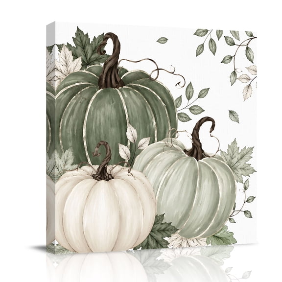 Canvas Wall Art, Sage Green Fall Pumpkin Framed Canvas Prints for Bathroom Kitchen, Botanical Harvest Thanksgiving Gallery Wrapped Wall Decor for Home Office, Gifts, 10"x10" Ship Next Day