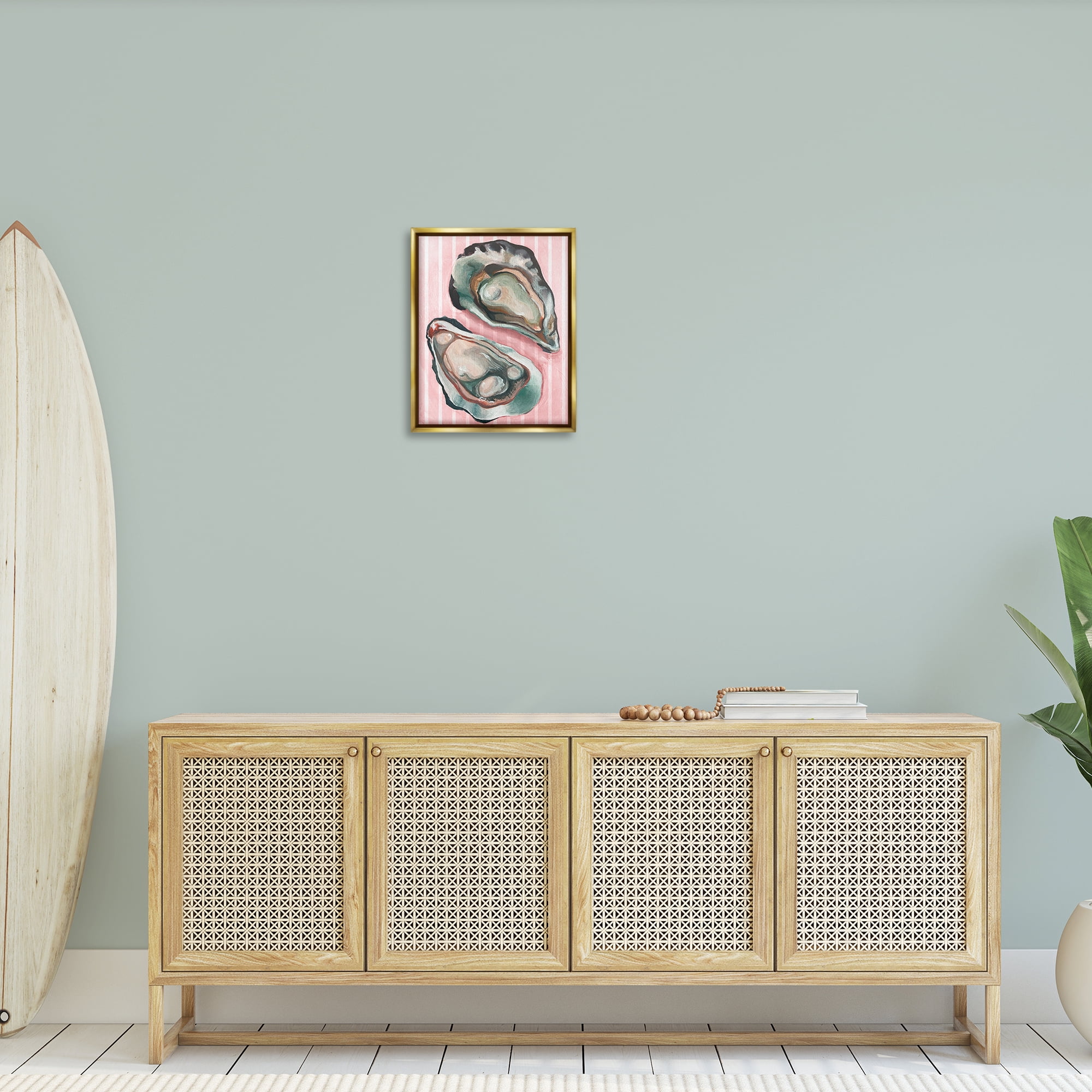 Stupell Industries Oysters on Pink Stripes Animals Painting Gold Floater Framed Canvas Art Print Wall Art, 17 x 21