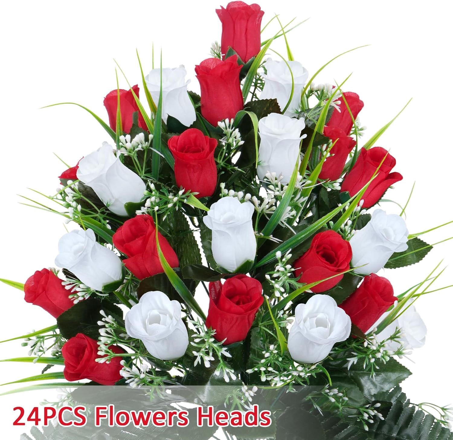 Artificial Flowers for Cemetery, 48 Heads Artificial Rose Bouquet Graveyard Memorial Silk Flowers for Cemetery Flower Arrangement with Vase for Headstone Decor Outdoor (Red & White)