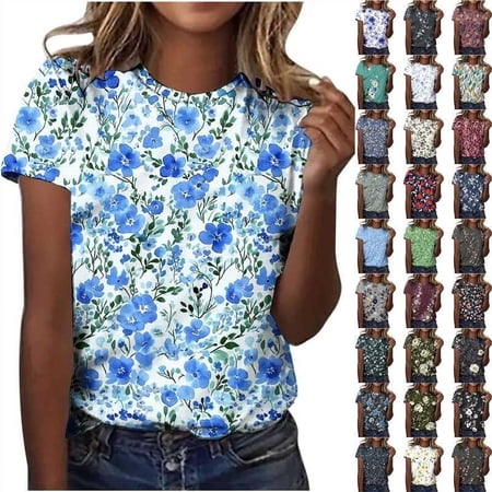 Jsaierl Womens Summer Short Sleeve Shirts Floral Printed Plus Size Round Neck Tee Blouses Casual Loose Comfy Dressy Tunic Tops