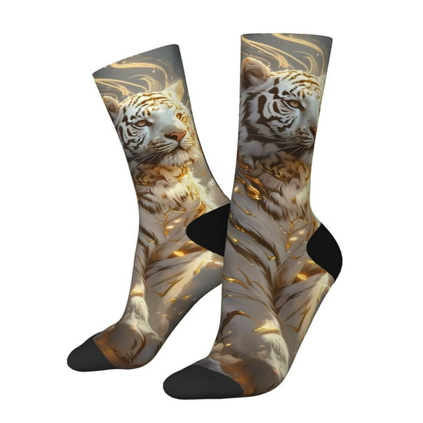 Balery Golden White Tiger Calcetas Largas con Estampado para Hombre y Mujer – Suaves y Transpirables, Talla Única (US 5-11)