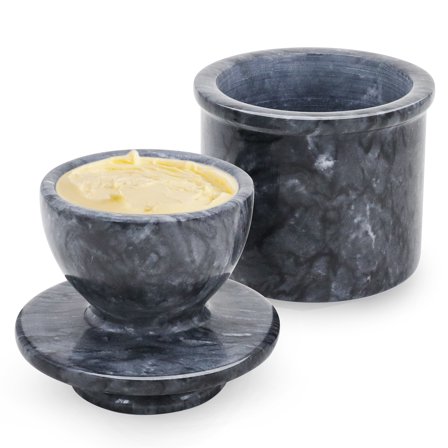 Flexzion Marble Butter Crock with Lid for Countertop - 4.25" French Marble Butter Keeper Dish Holder Container Pot with Water Line for Kitchen Home Decor Display Gift, Black