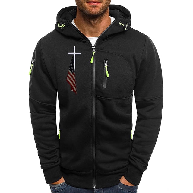 Fengqque Homme Fermeture Éclair Décontracté Mode à Capuche Poches Imprimé Manches Longues Manteau Noir m(m)