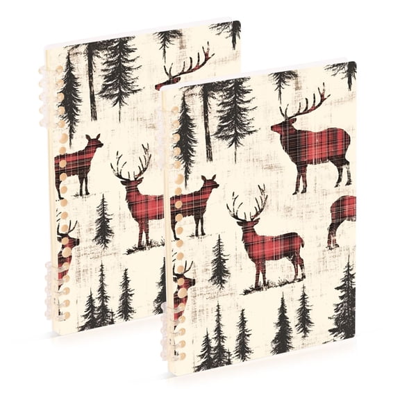 FORMRS 1-Subject Spiral Notebook 8" x 5" College Ruled 60 Refillable Sheet A5 Hard Cover, 2 Pack, Plaid Deer