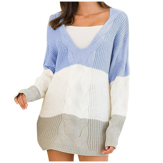 asdoklhq Sweaters for Women Clearance $5.00,Women's Fashion Knitted Autumn Winter Long Sleeve V-neck Patchwork Pullover