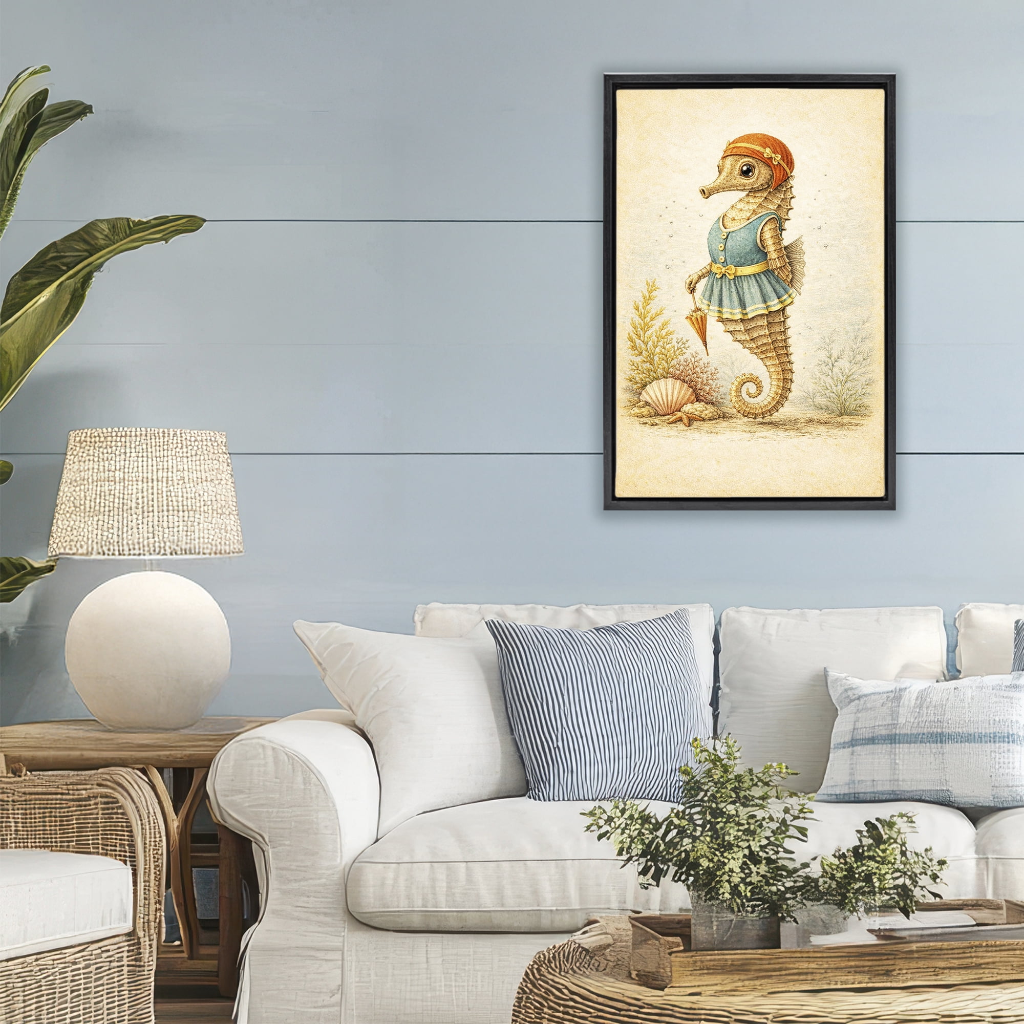 Stupell Industries Maritime Bathing Society Seahorse Black Framed Floater Canvas Wall Art, design by Grotto Studios