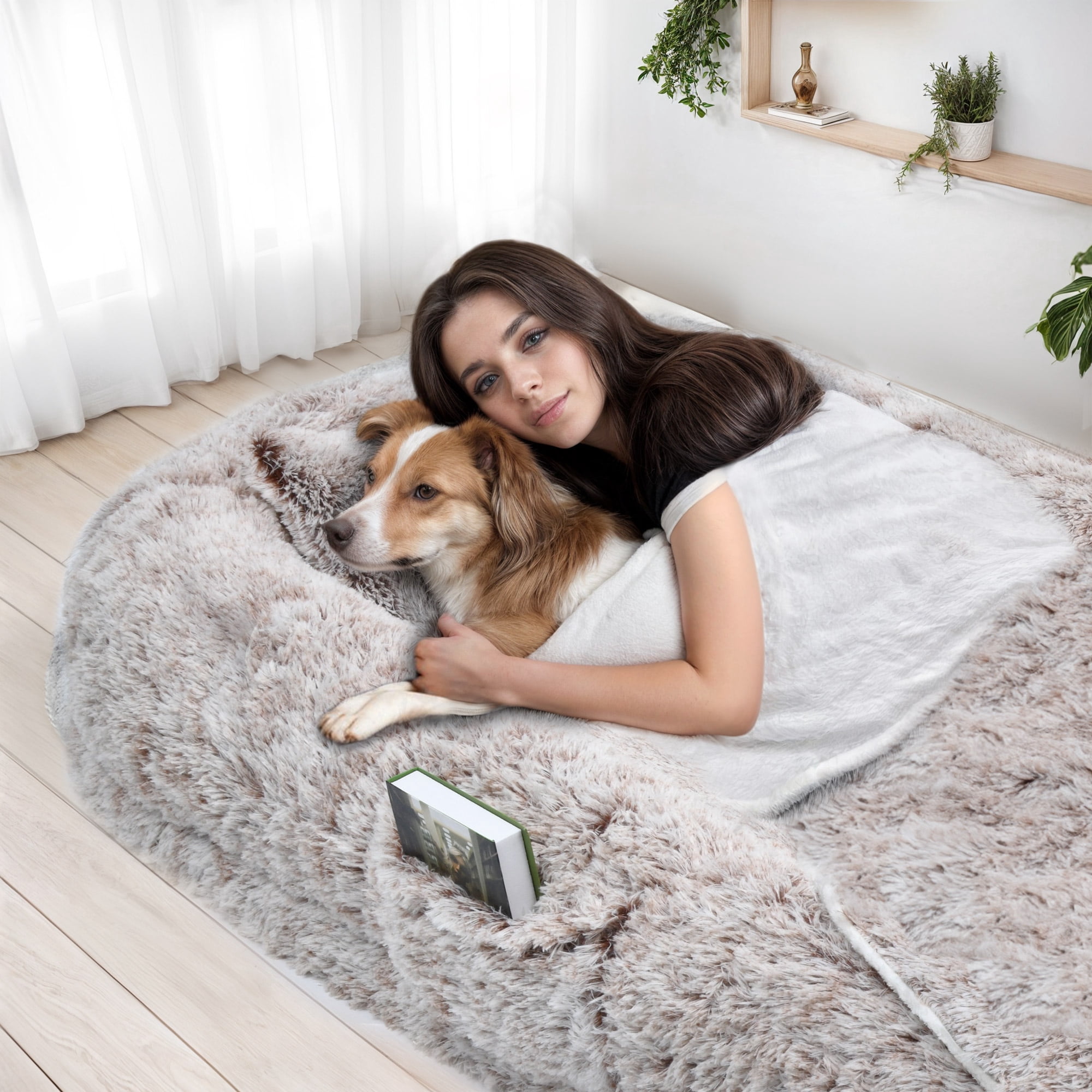 ModFusion 78” Extra-Large Human Dog Bed with Pillow & Blanket – Washable Faux Fur, Brown – Pet Bed for Dogs and Humans