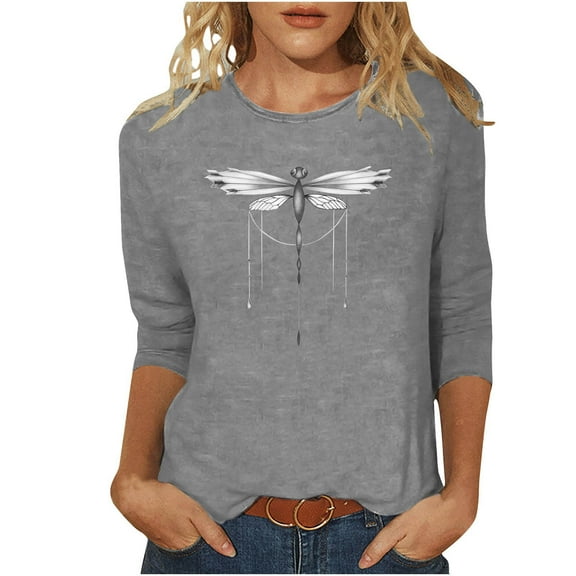 Herrnalise Women's Fashion Printed Loose T-shirt Mid-length 3/4 Sleeves Blouse Round Neck Casual Tops Gray XL