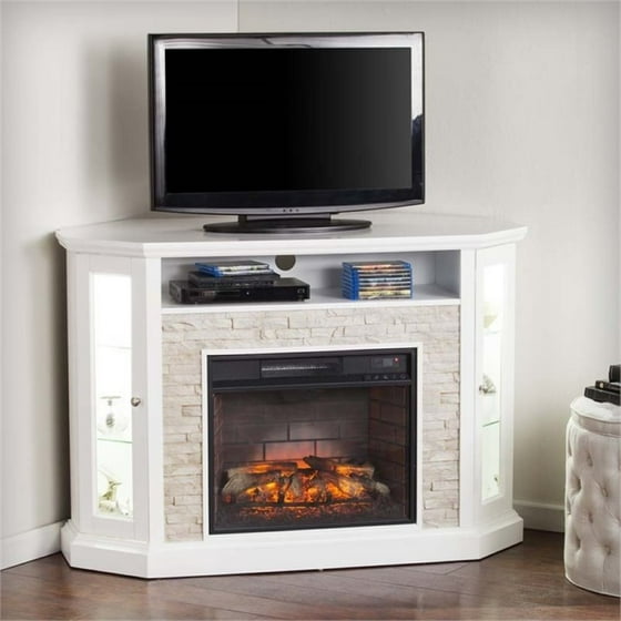 Pemberly Row Corner Electric Fireplace Tv Stand In White