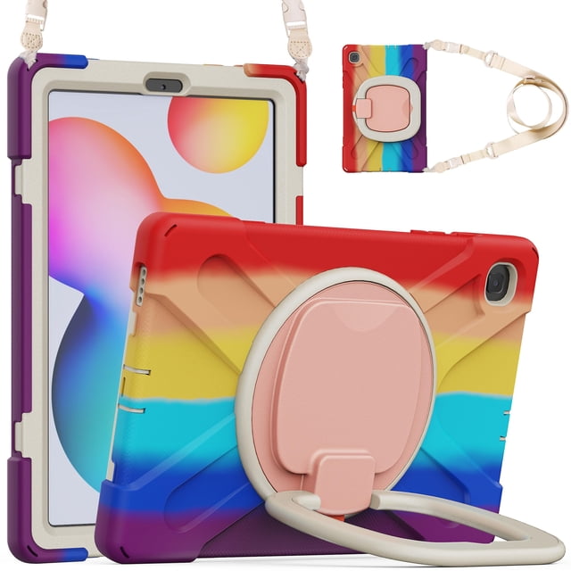 Funda colorida para Samsung Tab S6 Lite de 10,4 pulgadas con correa para el hombro, soporte de anillo ajustable grande y protección contra golpes.