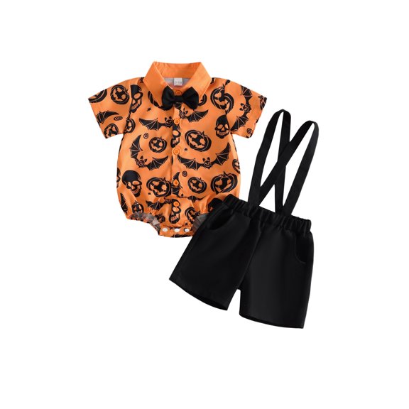 Lairauiy Infant Baby Boy Halloween Outfit 3 6 12 18 Months Short Sleeve Romper with Suspenders Shorts Clothes Set
