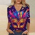 thumbnail image 2 of YUGYXL Women's Trendy Mardi Gras 3/4 Sleeve Shirts Plus Size Party Mask Printed Loose Comfy Tshirts Summer V Neck Lightweight Tees Ladies Tunic Tops Sales, 2 of 4