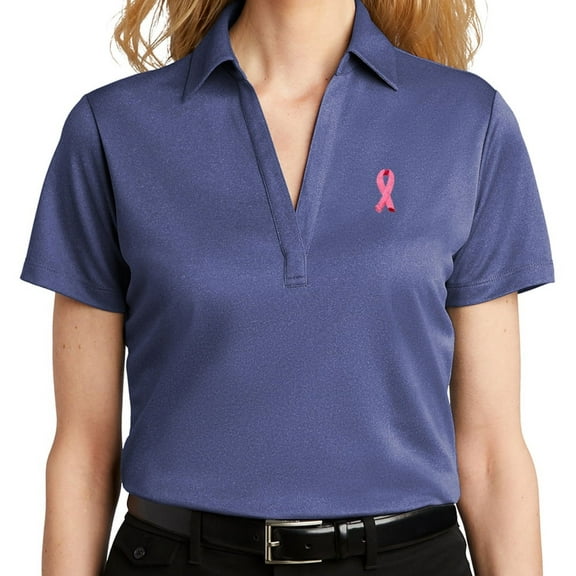 Women's Breast Cancer Awareness Pink Ribbon Patch No Button Polo Shirt, 2XL Royal Heather