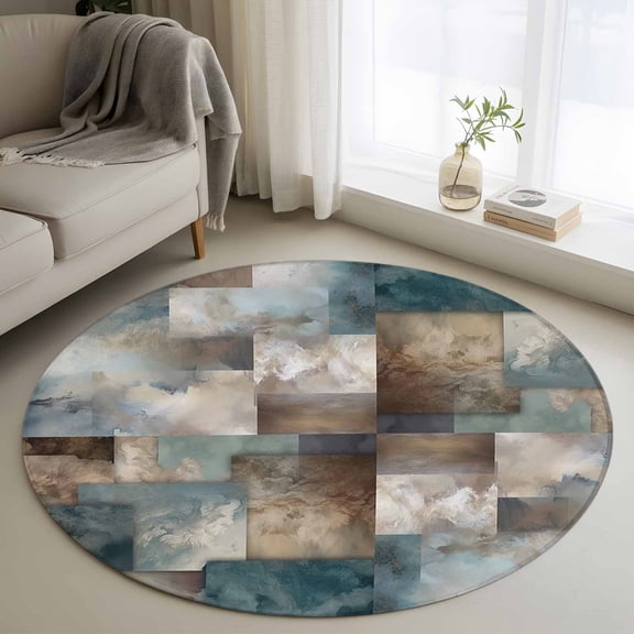 3.3ft Round Rug, Blue Brown Geometric Non-Skid Rubber Backing Large Area Rugs - Living Room Bedroom Home Office, Modern Ombre Abstract Art Indoor Floor Mat Carpets Washable Rug