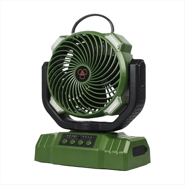 Ventilador de Camping Portátil Recargable por USB con Luz LED, Circulador de Aire, Cabezal Vibratorio y Gancho para Colgar para Uso en Exteriores.