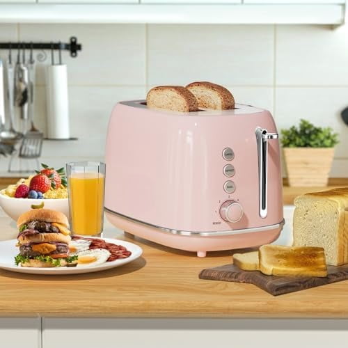 2 Slice Toaster Retro Stainless Steel with Bagel, Cancel, Defrost Function and 6 Bread Shade Settings Bread Toaster, Extra Wide Slot and Removable Crumb Tray (Pink)