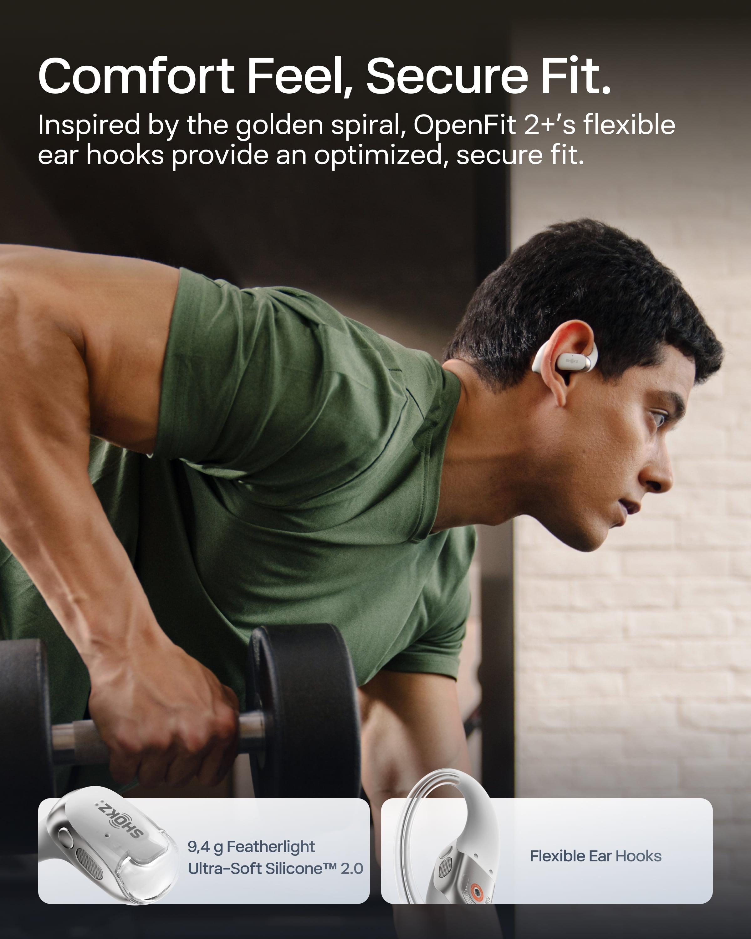 SHOKZ New OpenFit 2+ Open-Ear Headphones, Dolby Audio Enabled, Comfortable Earbuds with Soft Ear Hooks, 48H Playtime, IP55 Water-Resistant, USB-C Fast Charging, Wireless Charging, Gray