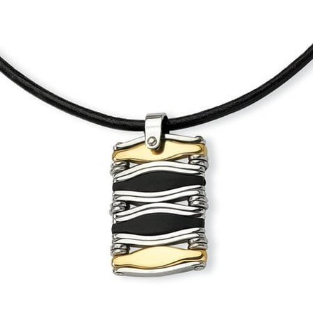 Stainless Steel Wavy Bar Gold Color IP-plated & Rubber Rectangle Pendant 18in.