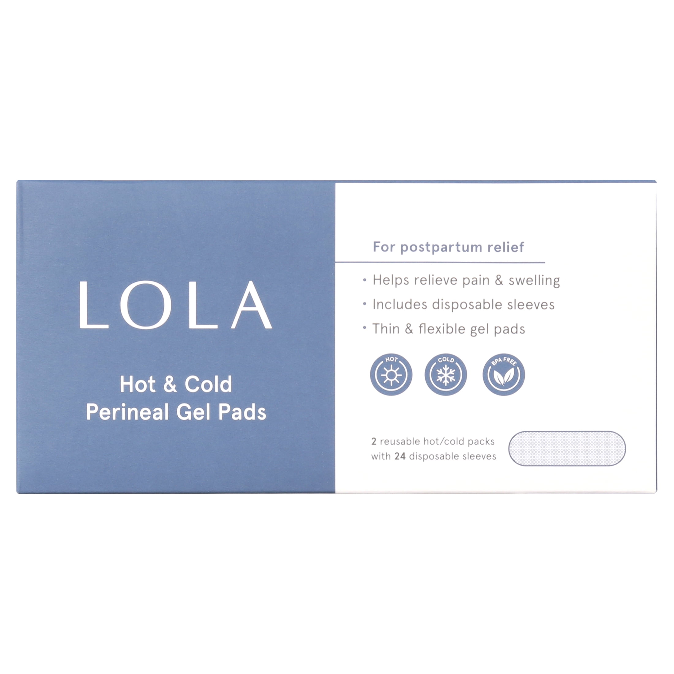 (2 pack) LOLA Hot & Cold Perineal Gel Pads - For Postpartum Relief - BPA Free - 2 Reusable Hot & Cold Gel Packs with 24 Disposable Sleeves