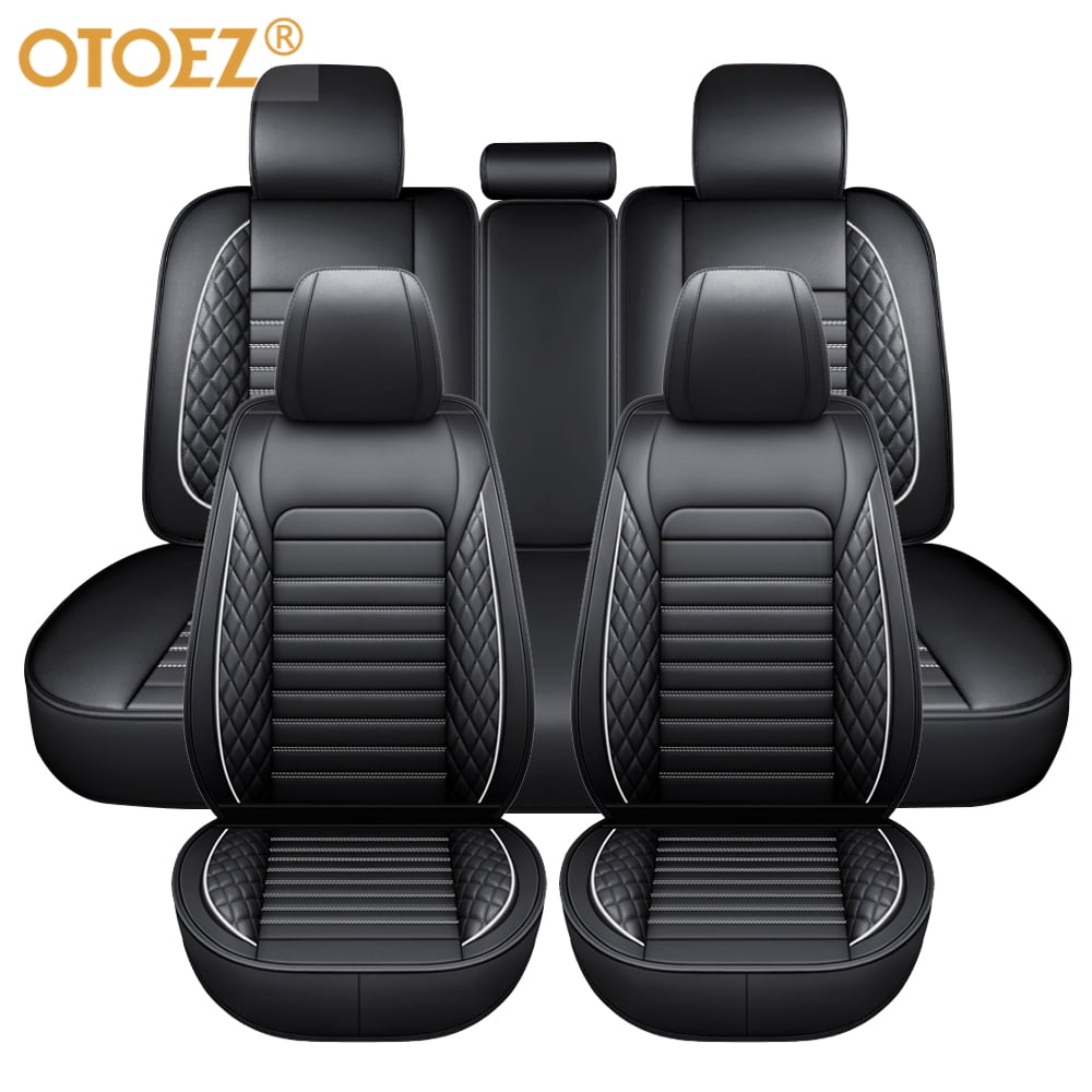 OTOEZ Fashion Full Set Car Seat Cover Waterproof Leather Universal Fit SUV Truck, Black/White