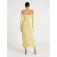 thumbnail image 4 of Women's Off Shoulder Long Sleeve Dress Solid Color Knitted Long Dress Backless Pleated Jacquard Hem Slim Fit Party Dress-Yellow-S, 4 of 7