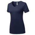 thumbnail image 2 of A2Y Women's Basic Solid Premium Rayon Short Sleeve V-neck T Shirt Tee Tops Navy L, 2 of 6