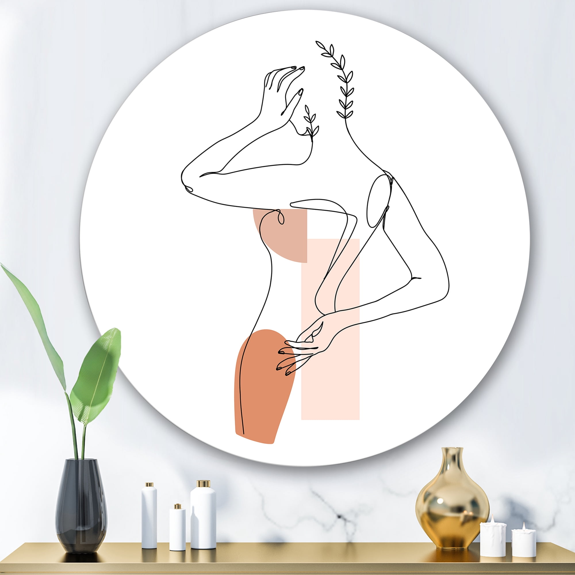 Designart 'One Line Woman Portrait With Shapes and Leaves II' Modern Circle Metal Wall Art 29x29 - Disc of 29